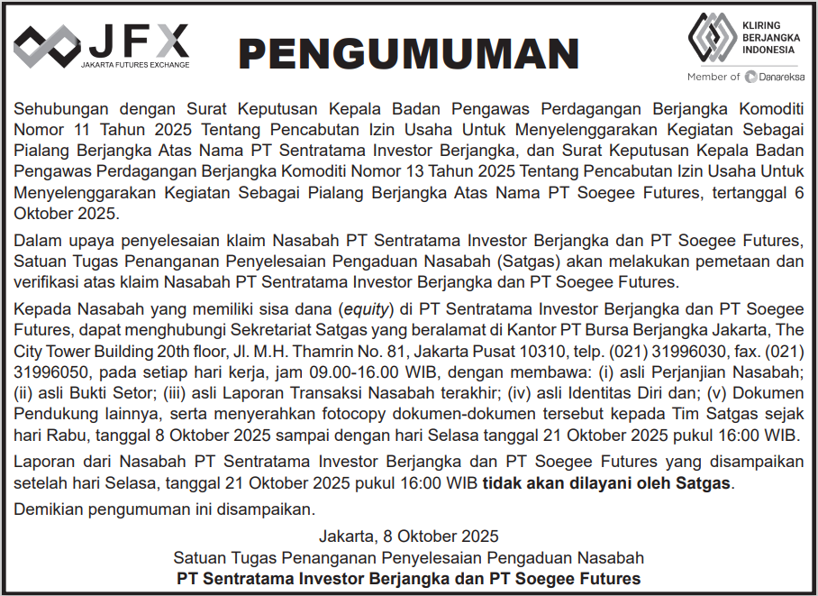 Revocation Announcement of PT Soegee Futures and PT Sentratama Investor Berjangka